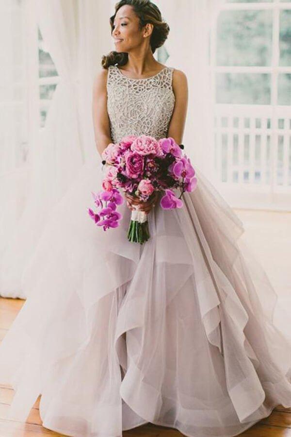 NumberSea Schlichtes Tüll A-Linie U-Ausschnitt Sweep Schleppe Brautkleider, Brautkleider, MW604