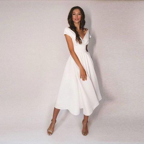 NumberSea Bescheidenes Brautkleid mit V-Ausschnitt, knielang, kurze Ärmel, Jersey-A-Linie, Brautkleider mit Falten, Vestidos De Novia
