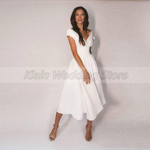NumberSea Bescheidenes Brautkleid mit V-Ausschnitt, knielang, kurze Ärmel, Jersey-A-Linie, Brautkleider mit Falten, Vestidos De Novia