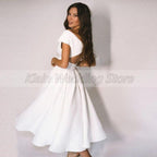 NumberSea Modest V-Neck Tea Length Short Sleeve Wedding Dresses Jersey A-Line Bridal Gowns with Pleats Vestidos De Novia