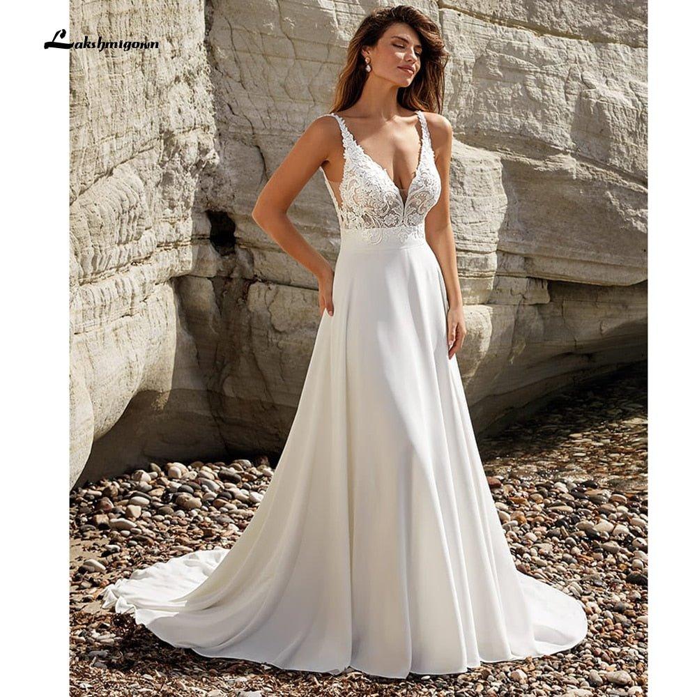 NumberSea Modest V-Neck Wedding Dress 2022 Fashion lace appliques Sweep Train  A Line Bridal Gown New Arrival  Vestidos de Nova