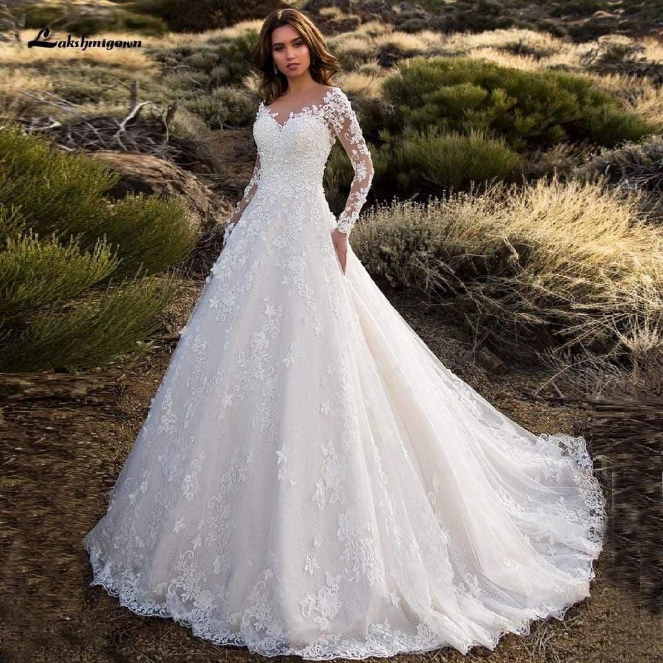 NumberSea Muslim Wedding Dress Long Sleeve Vintage Lace Wedding Gowns