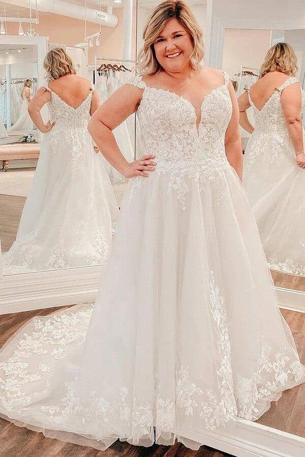 NumberSea New Arrival Modest A-line Plus Size Wedding Dress, V-neck Bridal Gown, MW812