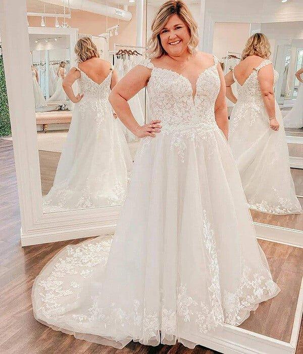 NumberSea New Arrival Modest A-line Plus Size Wedding Dress, V-neck Bridal Gown, MW812