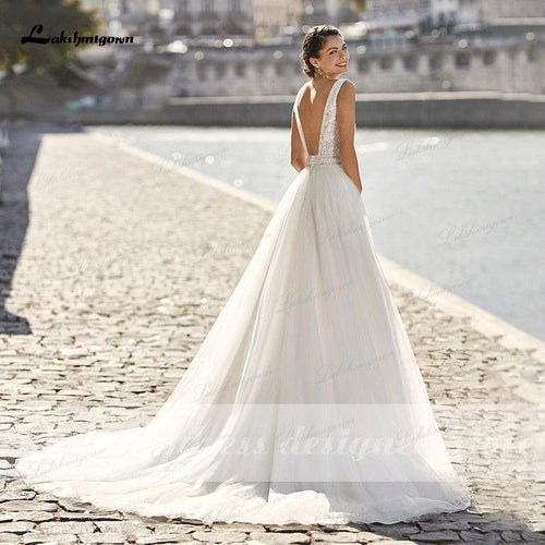 NumberSea Nouvelle Robe de Mariée Boho Dentelle 2021 Encolure en V Robe de Mariée Tulle Ligne A Robe de Plage de Mariée avec Bretelles Vestido de Novia