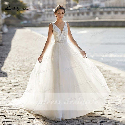 NumberSea Neues Boho-Spitzen-Hochzeitskleid 2021 V-Ausschnitt Robe Mariee Tüll A-Linie Strand-Brautkleid mit Schultergurten Vestido de Novia
