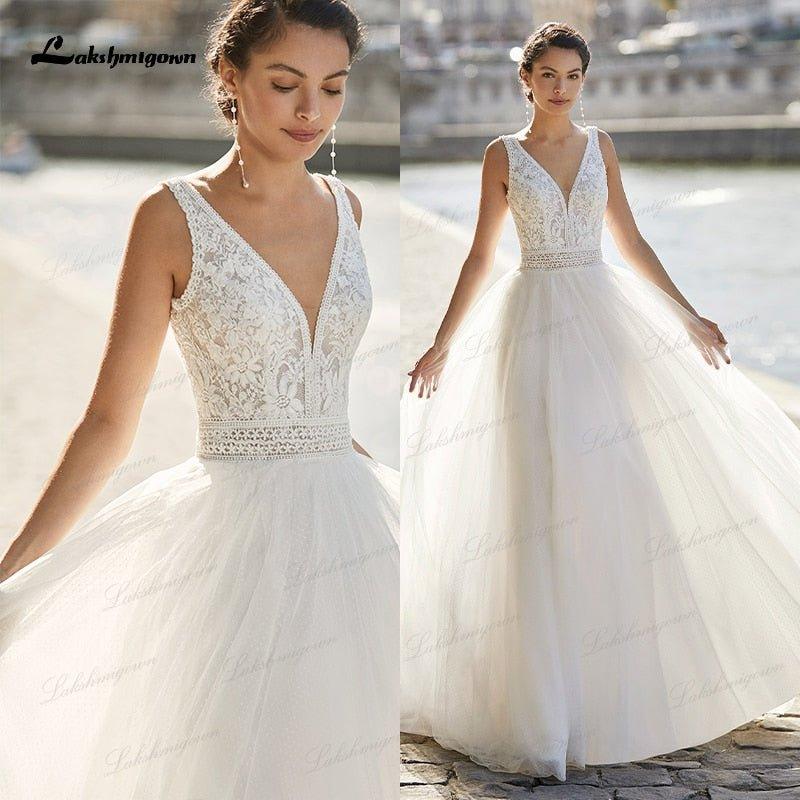 NumberSea New Boho Lace Wedding Dress 2021 V-neckline robe mariee Tulle A-Line Beach Bridal Gown with Shoulder Straps vestido de novia