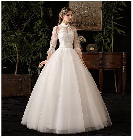 NumberSea New High Neck Three Quarter Sleeve Wedding Dress Sexy Illusion Lace Applique Plus Size Vintage Bridal Gown Robe De Mariee L