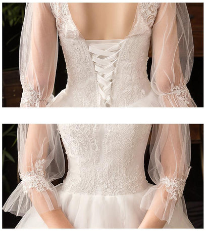 NumberSea New High Neck Three Quarter Sleeve Wedding Dress Sexy Illusion Lace Applique Plus Size Vintage Bridal Gown Robe De Mariee L