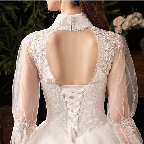 NumberSea Nouvelle Robe de Mariée à Col Haut avec Manches Trois-Quarts, Dentelle Illusion Sexy Appliquée, Taille Grande Style Vintage Robe De Mariée L
