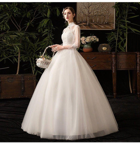 NumberSea New High Neck Three Quarter Sleeve Wedding Dress Sexy Illusion Lace Applique Plus Size Vintage Bridal Gown Robe De Mariee L