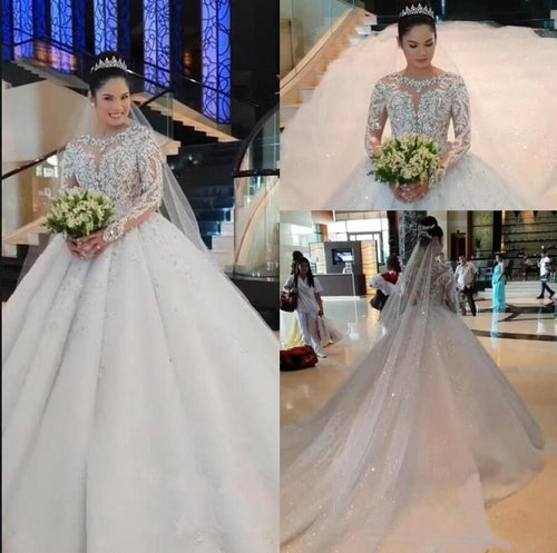 NumberSea Nouvelle Robe de Mariée Luxueuse en Dentelle, Robe de Bal à Manches Longues avec Applications Perlees, Col Ras du Cou, Traîne de Cour, Robes de Mariée pour la Mariée, Faites sur Mesure