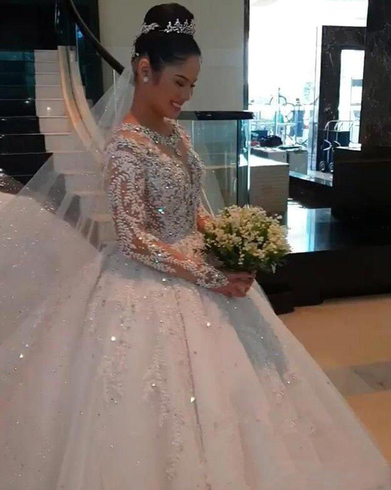 NumberSea New Luxury Lace Ball Gown Wedding Dresses Long Sleeves Beaded Appliques Jewel Neck Court Train Wedding Bridal Gowns Custom Made