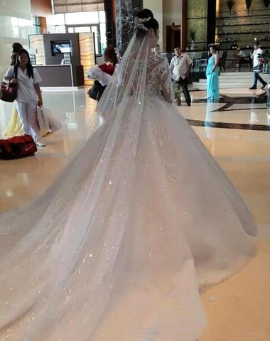NumberSea Novos vestidos de noiva de luxo com renda, mangas compridas, aplicações de contas, decote em joia, cauda longa, vestidos de noiva feitos à medida