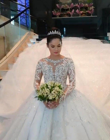 NumberSea Novos vestidos de noiva de luxo com renda, mangas compridas, aplicações de contas, decote em joia, cauda longa, vestidos de noiva feitos à medida