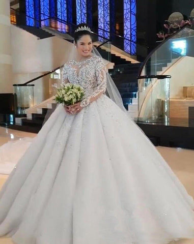 NumberSea Novos vestidos de noiva de luxo com renda, mangas compridas, aplicações de contas, decote em joia, cauda longa, vestidos de noiva feitos à medida