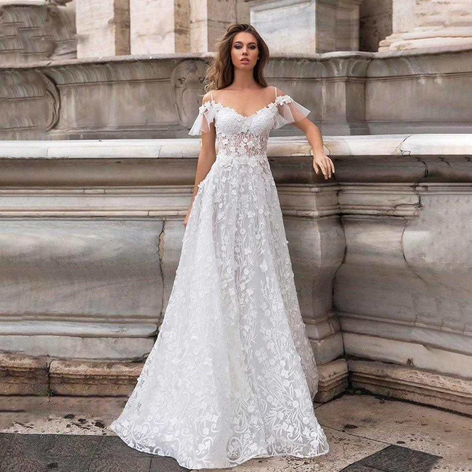 NumberSea New Wedding Dresses 2021 A-line Sweetheart Bridal Gown Lace Appliques Ball Gown Short Sleeve Backless Vestidos de Noivas