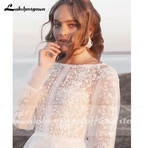 NumberSea Neueste Langarm O Neck Spitze Brautkleider