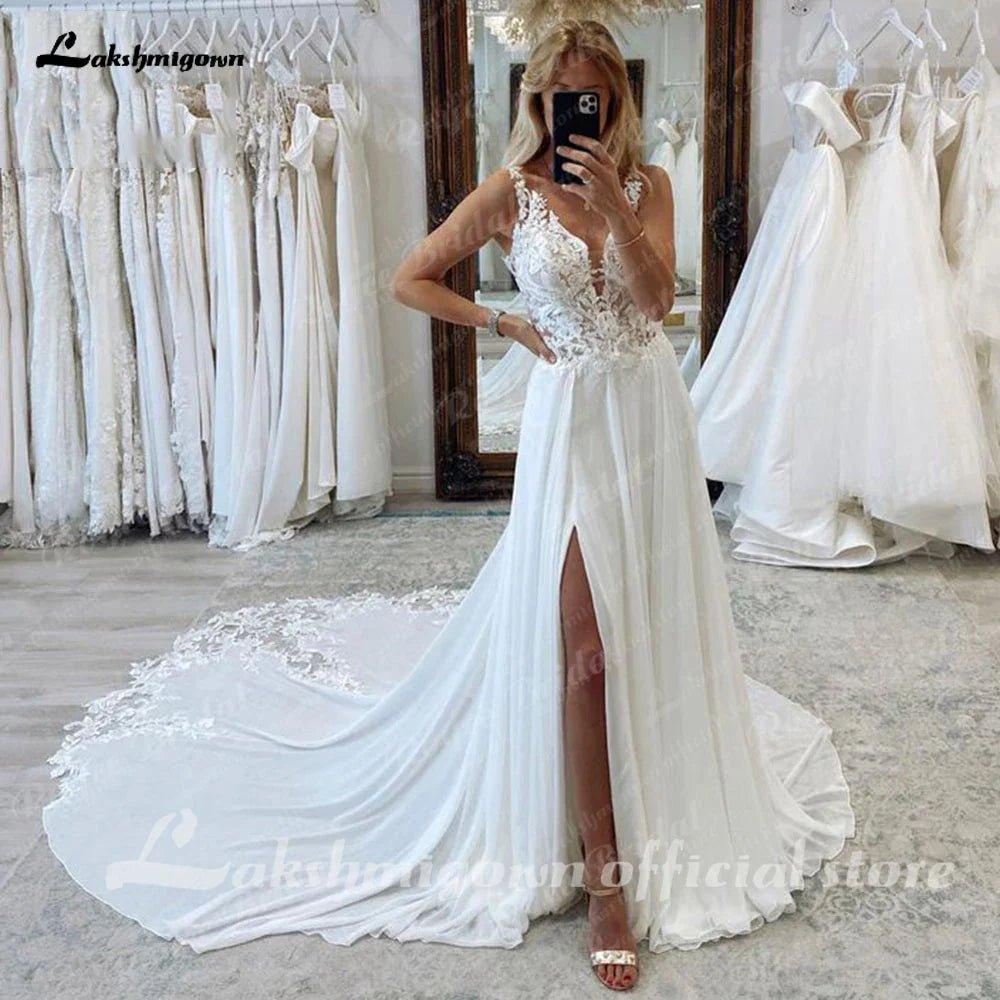 NumberSea NumberSea A-Line Split Chiffon Illusion Bodice Backless Beach Wedding Dresses for Women Appliques Summer Boho Bride Dress