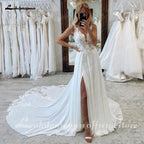 NumberSea NumberSea A-Line Split Chiffon Illusion Bodice Backless Beach Wedding Dresses for Women Appliques Summer Boho Bride Dress