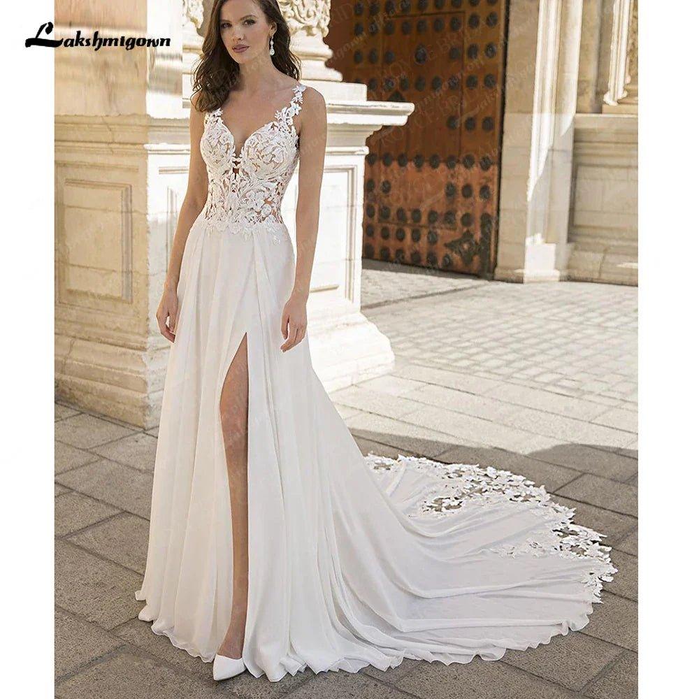 NumberSea NumberSea A-Line Split Chiffon Illusion Bodice Backless Beach Wedding Dresses for Women Appliques Summer Boho Bride Dress