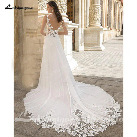 NumberSea NumberSea A-Linie, geteiltes Chiffon-Illusionsmieder, rückenfreies Strand-Brautkleid für Frauen, Applikationen, Sommer-Boho-Brautkleid 
