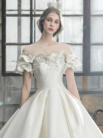 Vestido de noiva NumberSea com decote ombro a ombro e flores em cetim 2021, novo vestido de noiva leve e simples, comprido, robe de mariee