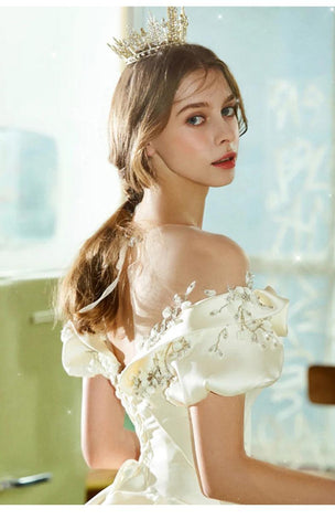 Vestido de noiva NumberSea com decote ombro a ombro e flores em cetim 2021, novo vestido de noiva leve e simples, comprido, robe de mariee