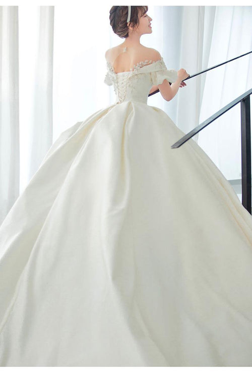 NumberSea Robe de mariée satin fleuri asymétrique 2021 Nouvelle longueur sol légère et simple