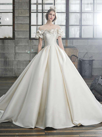 Vestido de noiva NumberSea com decote ombro a ombro e flores em cetim 2021, novo vestido de noiva leve e simples, comprido, robe de mariee