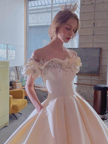 Vestido de noiva NumberSea com decote ombro a ombro e flores em cetim 2021, novo vestido de noiva leve e simples, comprido, robe de mariee