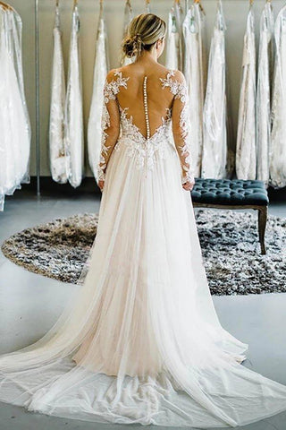 NumberSea Schulterfreies Brautkleid mit langen Ärmeln und Schleppe, langes Brautkleid, MW352