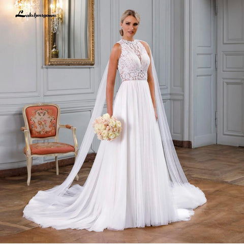 NumberSea Schulterfreies, ärmelloses Brautkleid mit O-Ausschnitt und Spitze