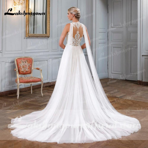 NumberSea Schulterfreies, ärmelloses Brautkleid mit O-Ausschnitt und Spitze