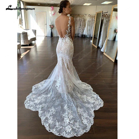 NumberSea Off White V-Ausschnitt Spitze Appliques Illusion Gericht Zug Brautkleid 2025 Boho Meerjungfrau Braut vestido branco sereia 