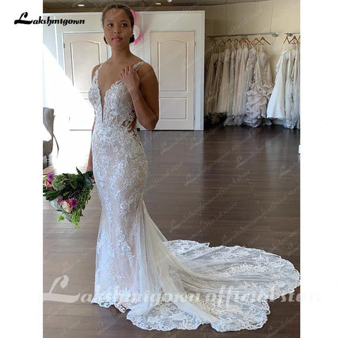 NumberSea Off White V-Ausschnitt Spitze Appliques Illusion Gericht Zug Brautkleid 2025 Boho Meerjungfrau Braut vestido branco sereia 
