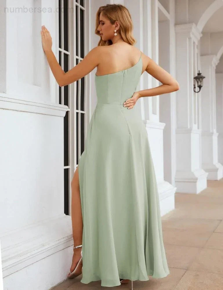 Numbersea Ein Schulter Chiffon Brautjungfernkleider Lang Formell Homecoming Abschlussballkleider für Damen Party Hochzeit Abend SEA28052
