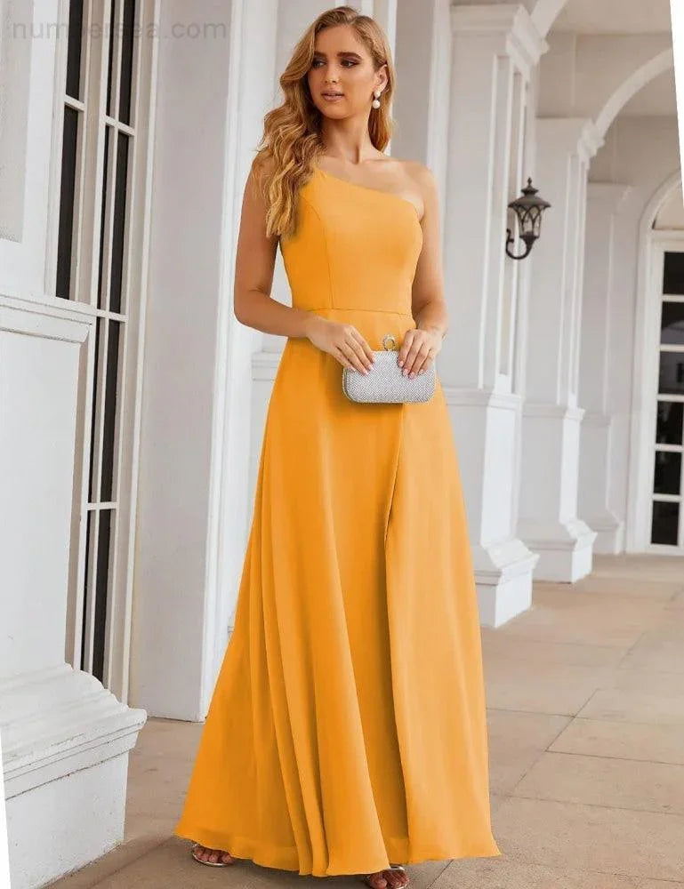 Numbersea Ein Schulter Chiffon Brautjungfernkleider Lang Formell Homecoming Abschlussballkleider für Damen Party Hochzeit Abend SEA28052