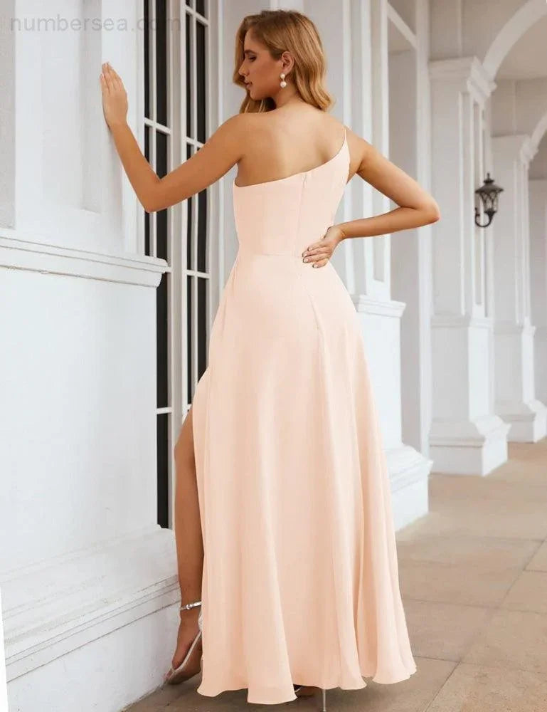 Numbersea Ein Schulter Chiffon Brautjungfernkleider Lang Formell Homecoming Abschlussballkleider für Damen Party Hochzeit Abend SEA28052