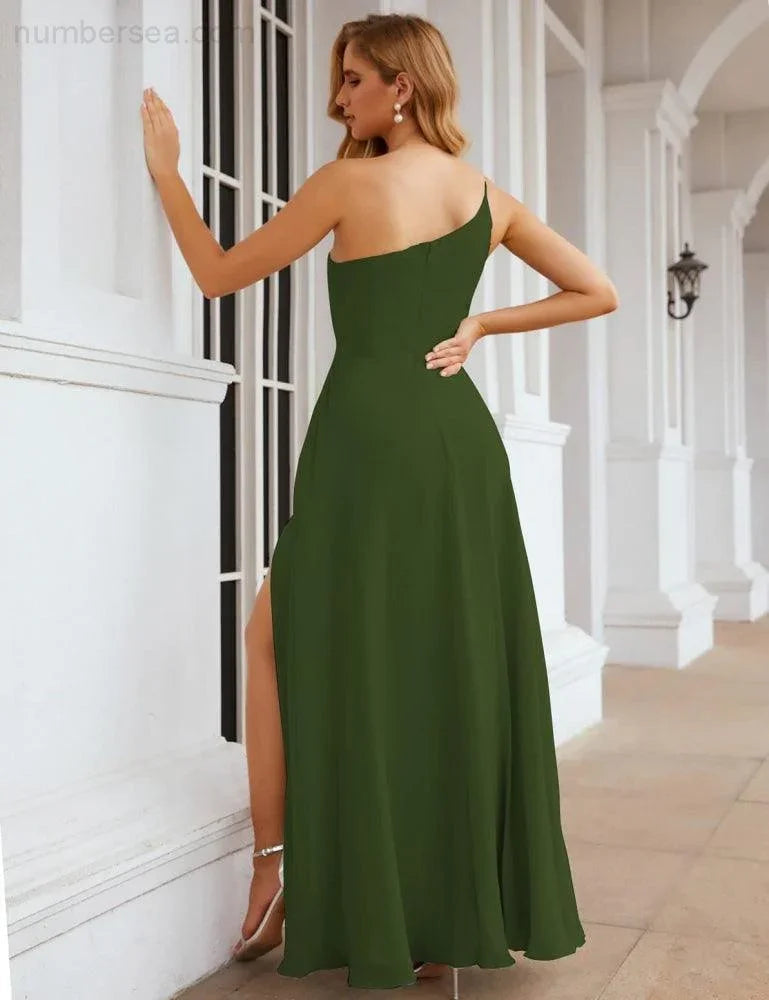 Numbersea Ein Schulter Chiffon Brautjungfernkleider Lang Formell Homecoming Abschlussballkleider für Damen Party Hochzeit Abend SEA28052