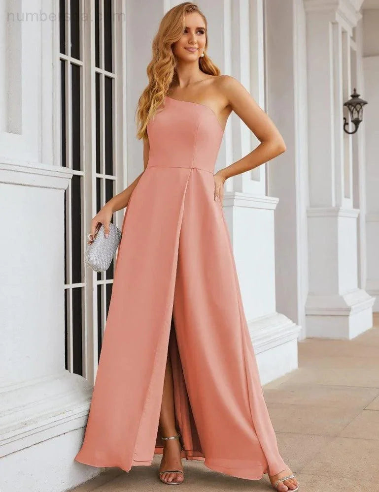 Vestido de dama de honor de chiffon con un hombro al descubierto Numbersea, vestidos largos formales para baile de graduación y fiesta de bienvenida, vestidos de noche para mujer para boda y eventos formales SEA28052