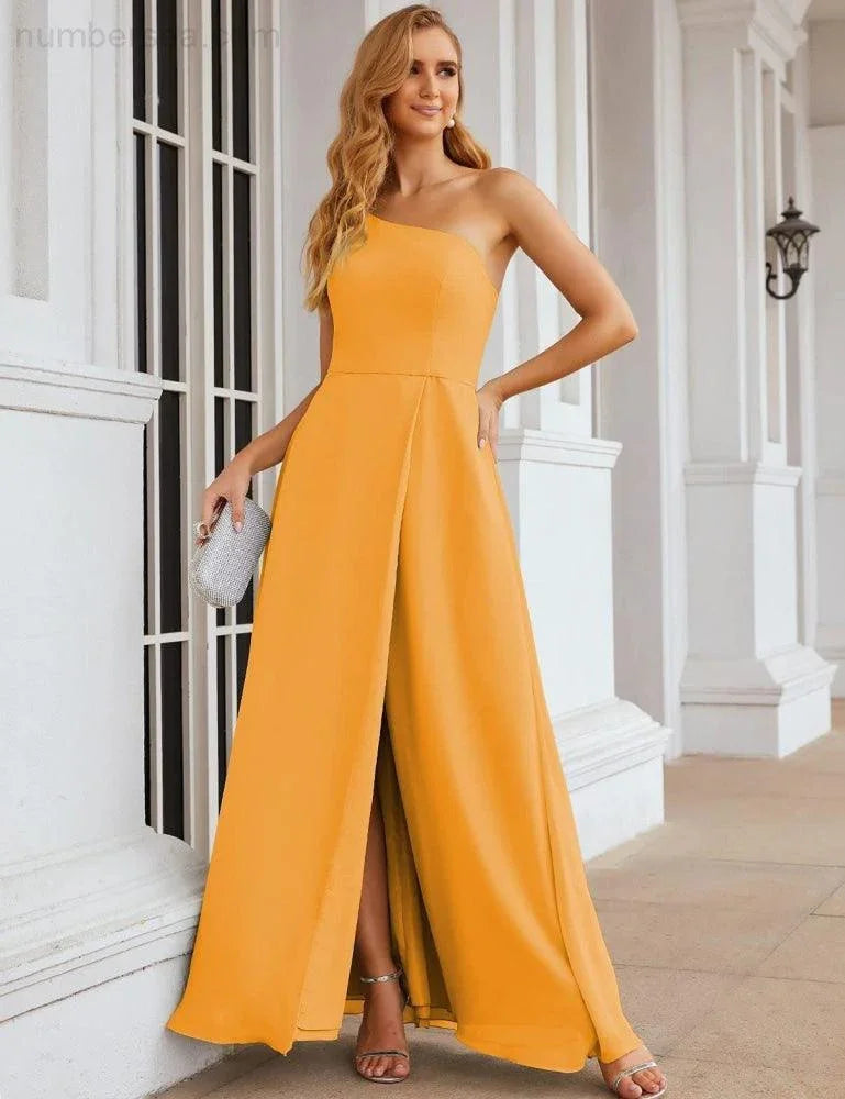 Numbersea Ein Schulter Chiffon Brautjungfernkleider Lang Formell Homecoming Abschlussballkleider für Damen Party Hochzeit Abend SEA28052