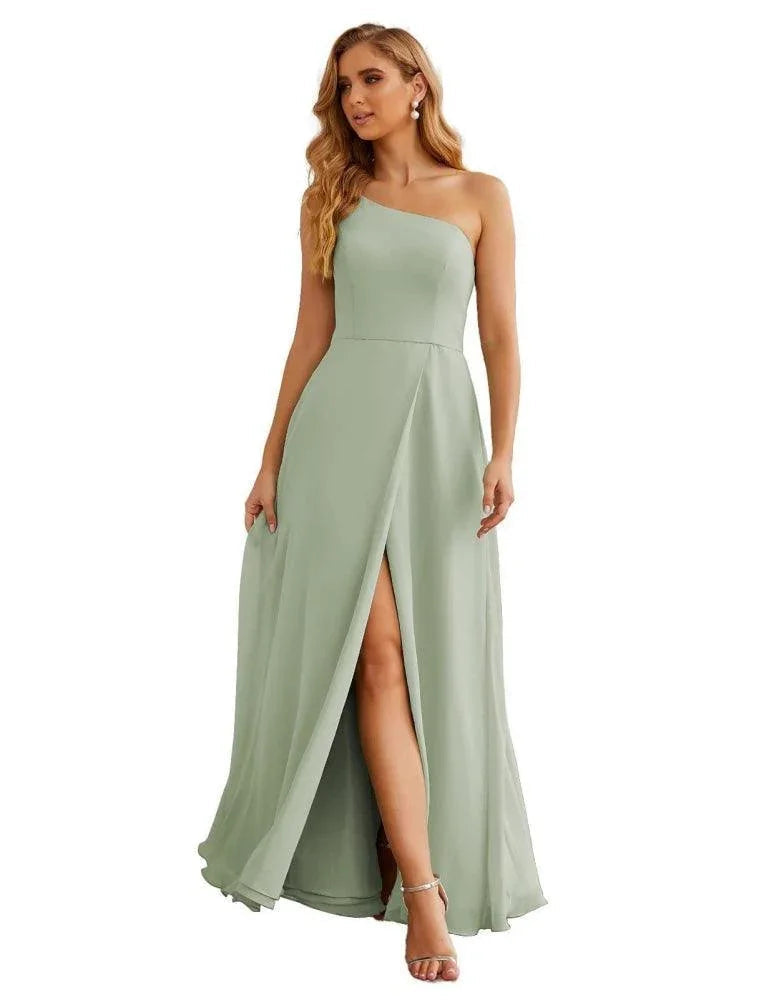 Vestido de dama de honor de chiffon con un hombro al descubierto Numbersea, vestidos largos formales para baile de graduación y fiesta de bienvenida, vestidos de noche para mujer para boda y eventos formales SEA28052