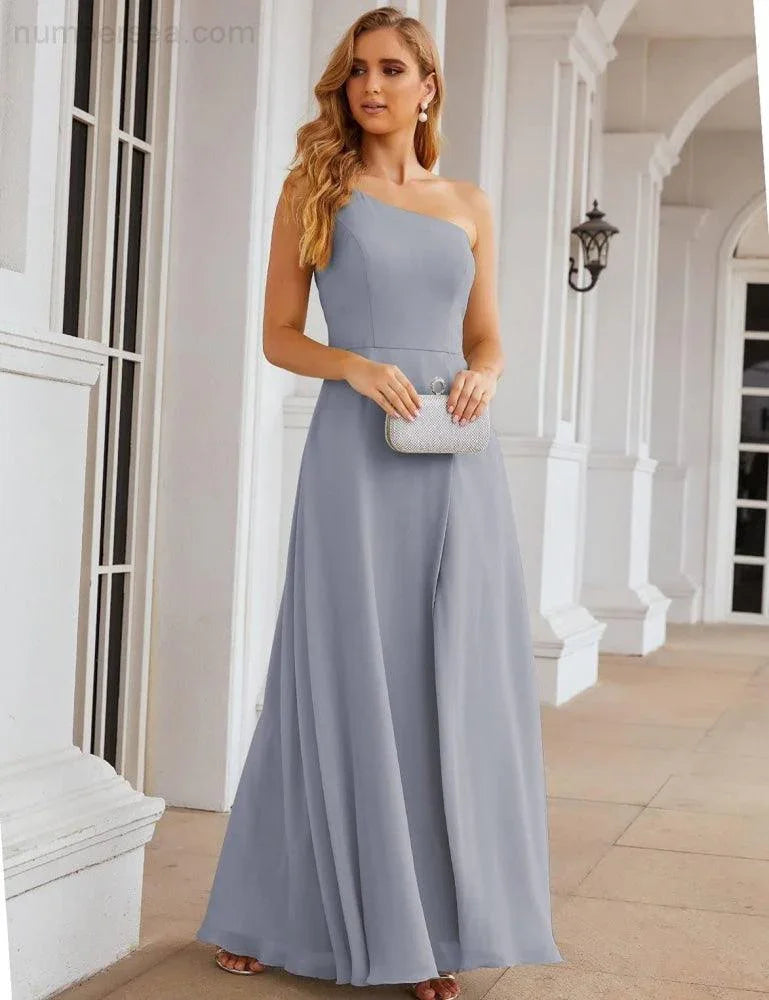 Numbersea Ein Schulter Chiffon Brautjungfernkleider Lang Formell Homecoming Abschlussballkleider für Damen Party Hochzeit Abend SEA28052