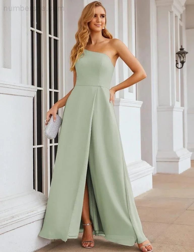 Numbersea Ein Schulter Chiffon Brautjungfernkleider Lang Formell Homecoming Abschlussballkleider für Damen Party Hochzeit Abend SEA28052