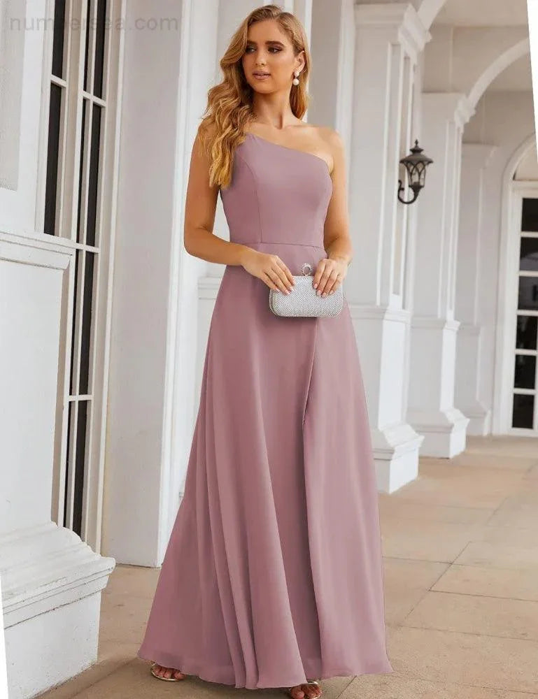 Numbersea Ein Schulter Chiffon Brautjungfernkleider Lang Formell Homecoming Abschlussballkleider für Damen Party Hochzeit Abend SEA28052