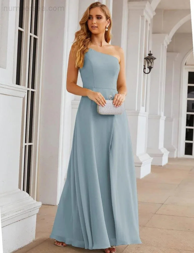 Numbersea Ein Schulter Chiffon Brautjungfernkleider Lang Formell Homecoming Abschlussballkleider für Damen Party Hochzeit Abend SEA28052