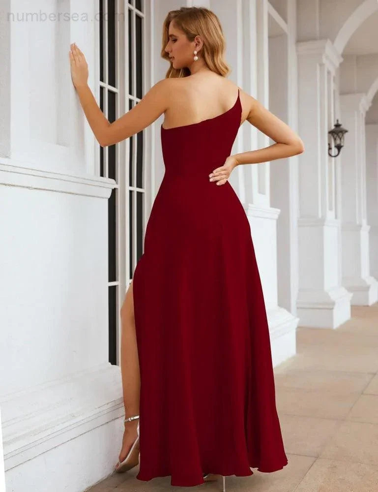 Numbersea Ein Schulter Chiffon Brautjungfernkleider Lang Formell Homecoming Abschlussballkleider für Damen Party Hochzeit Abend SEA28052