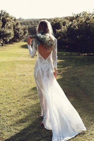 NumberSea Brautkleider mit offenem Rücken, wunderschönes rückenfreies Brautkleid mit langen Ärmeln aus Spitze, MW435