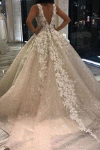 NumberSea Organza Ball Gown Floral Wedding Dress With V-neck and Sequins Decorated,MW385